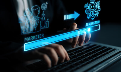 Obraz premium Transition from Traditional Marketer to AI-Powered Marketer with Advanced Technology Interface Illustrating Digital Transformation in Marketing Practices. Liminal.