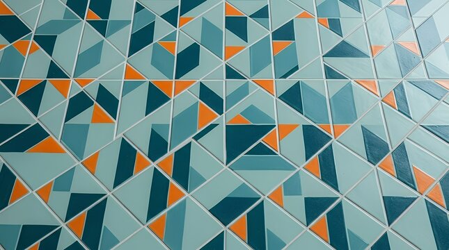 ASD1590 Geometric patchwork tile design composed of dark teal and orange triangular shapes alongside teal parallelogram forms arranged on a soft pale teal base surface  Geometric patchwork tile