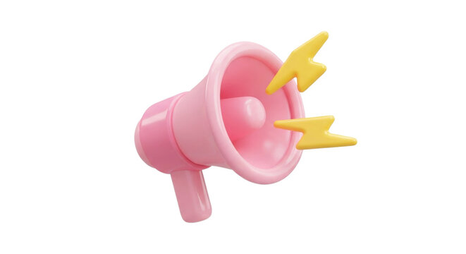 Pink Megaphone with Yellow Sound Waves Isolated on White Background