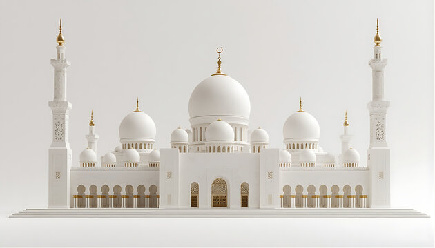 White mosque architecture with domes and minarets for religious purposes.