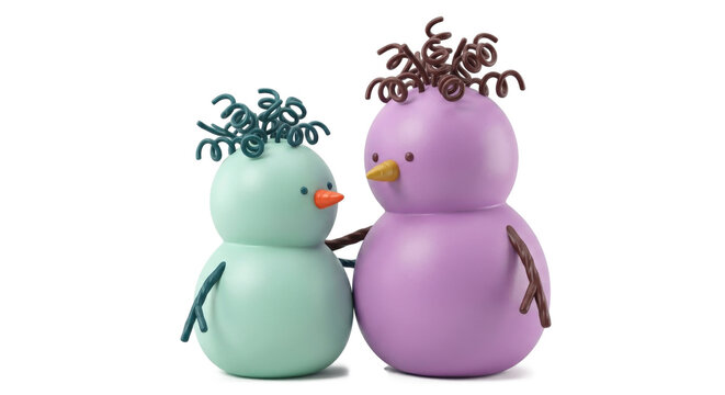 Two Cute Pastel Snowman Characters in Christmas Style Isolated on White Background
