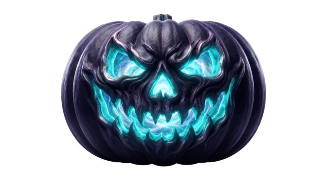 Scary Black Halloween Pumpkin with Glowing Blue Jack O Lantern Face Isolated on White