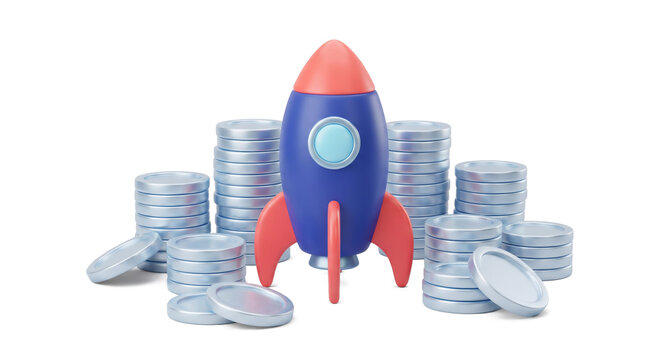 Rocket Surrounded by Stacked Coins Symbolizing Startup Investment and Financial Growth