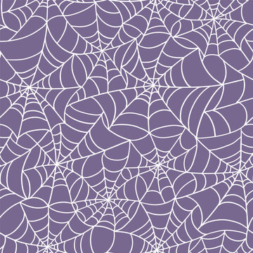 Halloween spider web on isolated purple background. Seamless vector pattern for textile, wallpaper or print design.