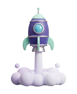 Cute Purple Rocket Launching Above Smoke Cloud 3D Cartoon Illustration Isolated on White