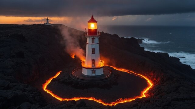 Lighthouse tower surrounded by a ring of molten lava at night
