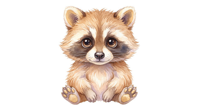Cute Baby Raccoon Sitting Watercolor Illustration Isolated on White Background