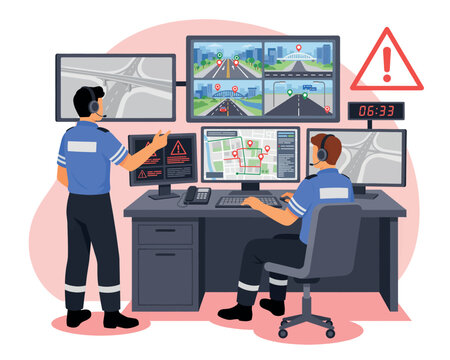 Security guards monitoring traffic screens in control room Vector, illustration