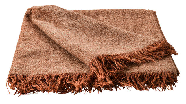 Folded brown wool blanket with fringe isolated on transparent background as png file for graphic design