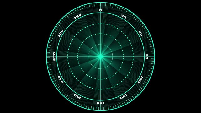  circular radar interface with scanning sector. Radar interface symbol for sonar and navigation. Digital radar interface animation for tech display. UHD 4K Video