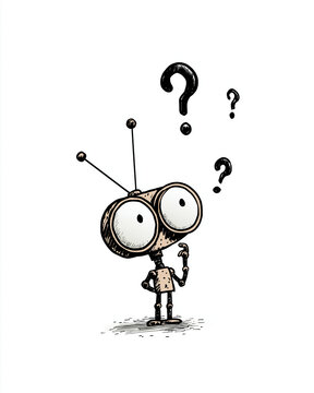 Curious Robot Pondering Questions: A whimsical cartoon robot with large, expressive eyes and antennas stands in thought, surrounded by question marks.