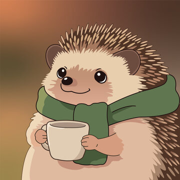 cute hedgehog with a cup of coffee.