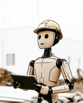 Robot Worker Overseeing Construction Site: A humanoid robot, wearing a hard hat and holding a tablet, stands on an outdoor construction site.