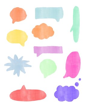 Pastel hand-drawn speech bubbles and abstract elements set. Soft textured dialogue balloons, organic shapes, stars and colorful doodles with a handmade watercolor and crayon effect. 
