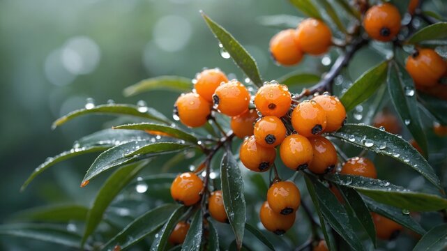 Fresh sea buckthorn berries on branch with morning dew