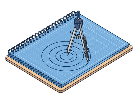 Isometric Architect Compass Drawing Circles on Blue Grid Blueprint Notebook