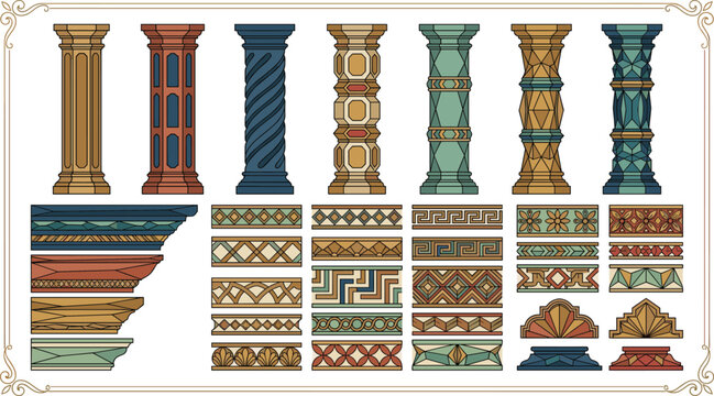 Stylized architectural columns with geometric friezes and ornamental motifs