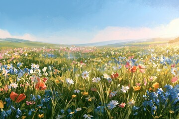 Obraz premium Sunlit spring meadow illustration with colorful wildflowers and soft watercolor textures