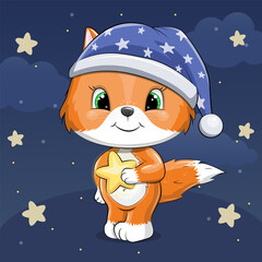 Fototapeta premium Cute cartoon Fox with nightcap and shining star. Night vector illustration with animal and dark blue background with stars and moon.