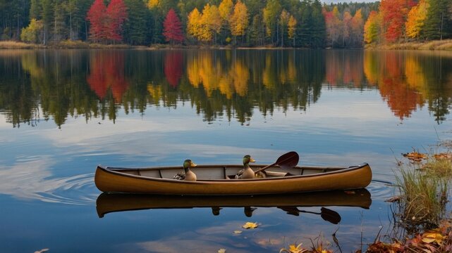 Two ducks sitting in a wooden canoe on a calm autumn lake