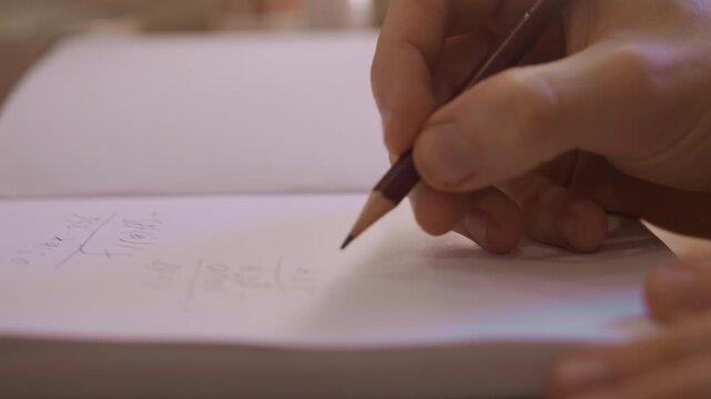 Close up of hand writing mathematical equations in pencil on white paper showing detailed calculation process with numbers and symbols. Soft lighting highlights notebook page texture