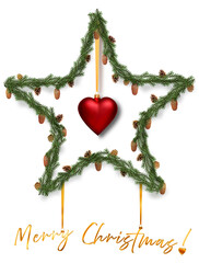 Bożonarodzeniowa gwiazda z zielonych gałązek świerkowych i sosnowych z bombkami i szyszkami oraz napisem Merry Christmas na przezroczystym tle © Blue Pixel