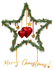 Bożonarodzeniowa gwiazda z zielonych gałązek świerkowych i sosnowych z bombkami i szyszkami oraz napisem Merry Christmas na przezroczystym tle © Blue Pixel