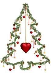 Bożonarodzeniowy kształt choinki z zielonych gałązek świerkowych i sosnowych z bombkami i szyszkami oraz napisem Merry Christmas na przezroczystym tle © Blue Pixel