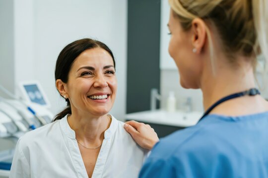 Friendly female dentist comforting a smiling patient in a modern dental clinic