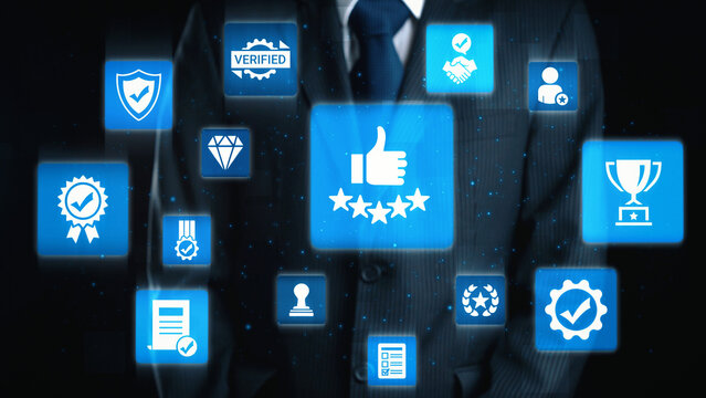 Quality approval and certification icons showing verified badge, standard check, award, trophy, inspection, rating, quality management, guarantee, trust, and compliance. Gist