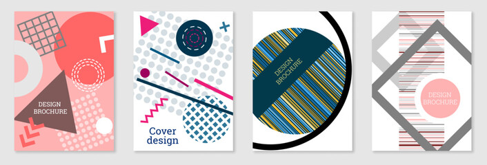 Obraz premium Set of cover design in Memphis style. Geometric design, abstract background. Fashionable bright cover, banner, poster, booklet. Creative colors.