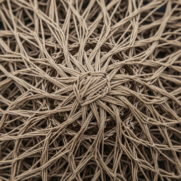 A detailed macro shot of a complex radial woven pattern made from natural brown twine.