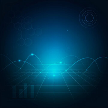 Digital grid background features glowing blue waves and geometric data patterns for modern technology.