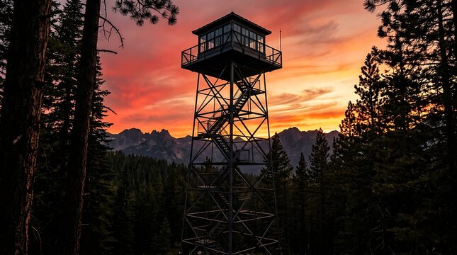 Tall metal fire lookout tower standing in a dense pine forest against a dramatic fiery sunset sky