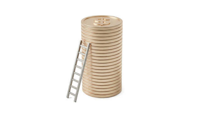 Tall Stack of Coins with Ladder for Financial Growth Concept