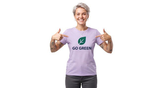 Smiling Senior Woman Pointing at Go Green Eco-Friendly Shirt