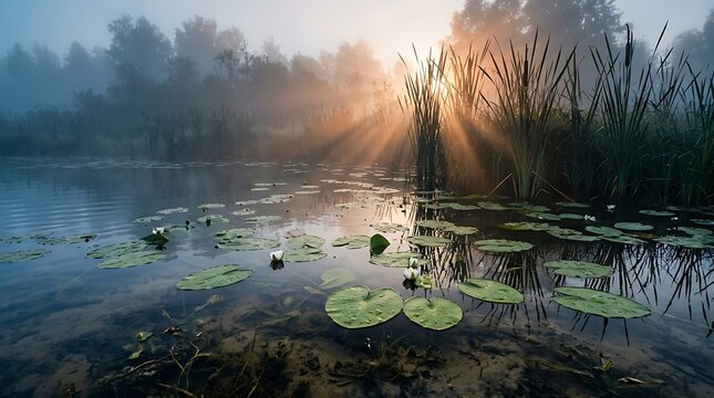 Serene morning landscape with water lilies on a calm pond surrounded by fog and sunbeams in a forest