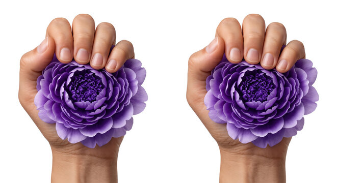 Two Raised Hands Holding Beautiful Purple Rose Flowers