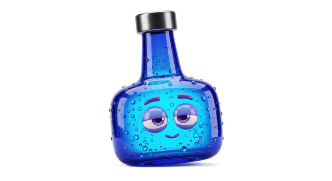 Cute Blue Glass Bottle Cartoon Character with Sleepy Face