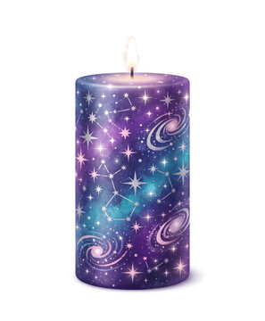 Glowing Galaxy Candle with Stars Moon and Celestial Patterns
