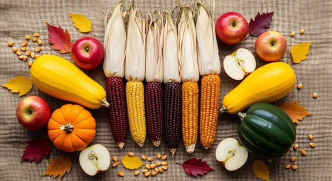 Flatlay of harvest vegetables: corn, squash, apples on burlap.