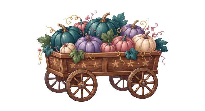 Rustic Wooden Cart Filled with Colorful Pumpkins for Autumn Harvest