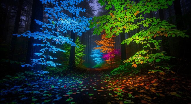 Forest path where leaves are neon-colored, glowing in the dark.