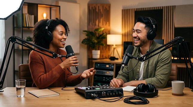 Professional podcast studio recording, diverse creators hosting radio show, modern broadcast equipment with microphones and headphones