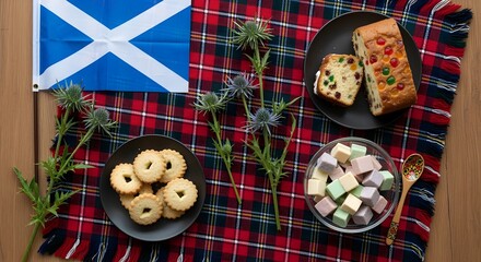 Fototapeta premium A creatively reimagined version of overhead flat lay of St. Andrew's Day celebration items: tartan cloth, Scottish flag, small thistle flowers, and festive treats, vibrant composition, emphasizing sty