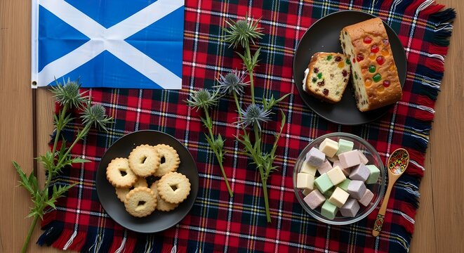 A creatively reimagined version of overhead flat lay of St. Andrew's Day celebration items: tartan cloth, Scottish flag, small thistle flowers, and festive treats, vibrant composition, emphasizing sty