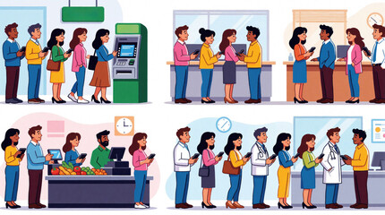 Fototapeta premium Diverse people wait in long lines for various services. Crowds stand in queue at bank atm grocery store, doctor clinic. Men, women use mobile phones waiting at cash register medical desk in flat