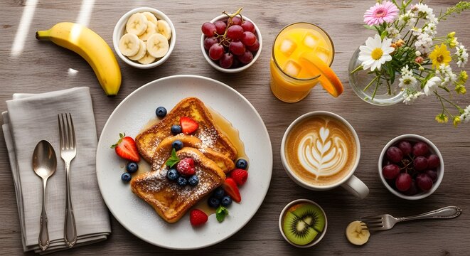 Overhead flat lay of breakfast spread: French toast, coffee cup, orange juice, fresh fruit, small vase with flowers, cozy home kitchen aesthetic, breakfast, food, meal, healthy, delicious, fresh, tabl