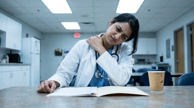 Exhausted female physician in a white coat rubbing her aching neck while reviewing charts, suffering from occupational stress and muscle fatigue.