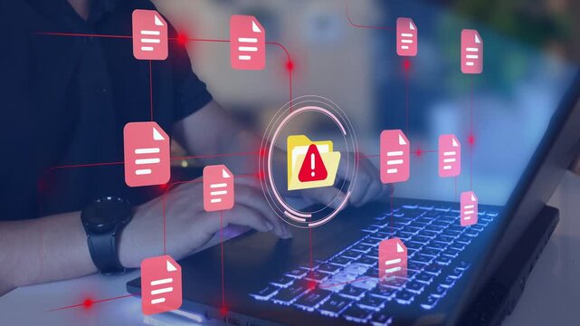 Data breach or information leak due to insider threats or unauthorized access. Confidential files and warning triangle icons.
